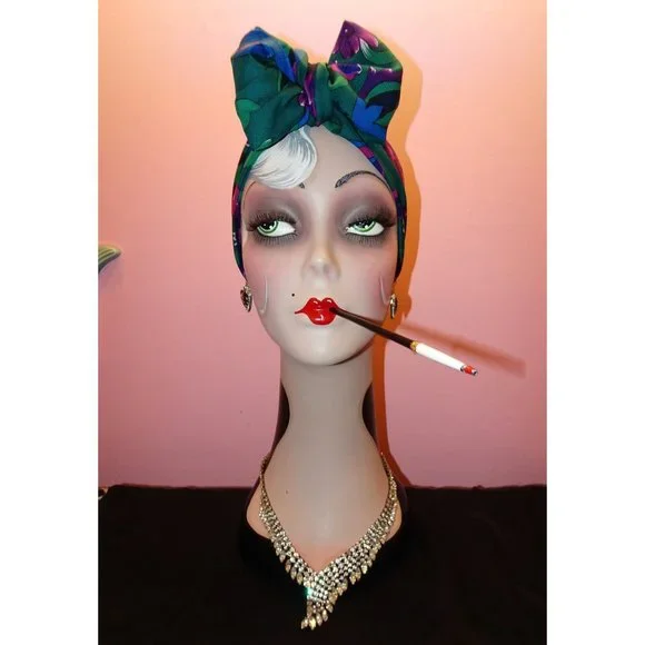 Vintage Purple & Blue Floral Scarf pinup retro rockabilly head wrap bow neck - Picture 6 of 10